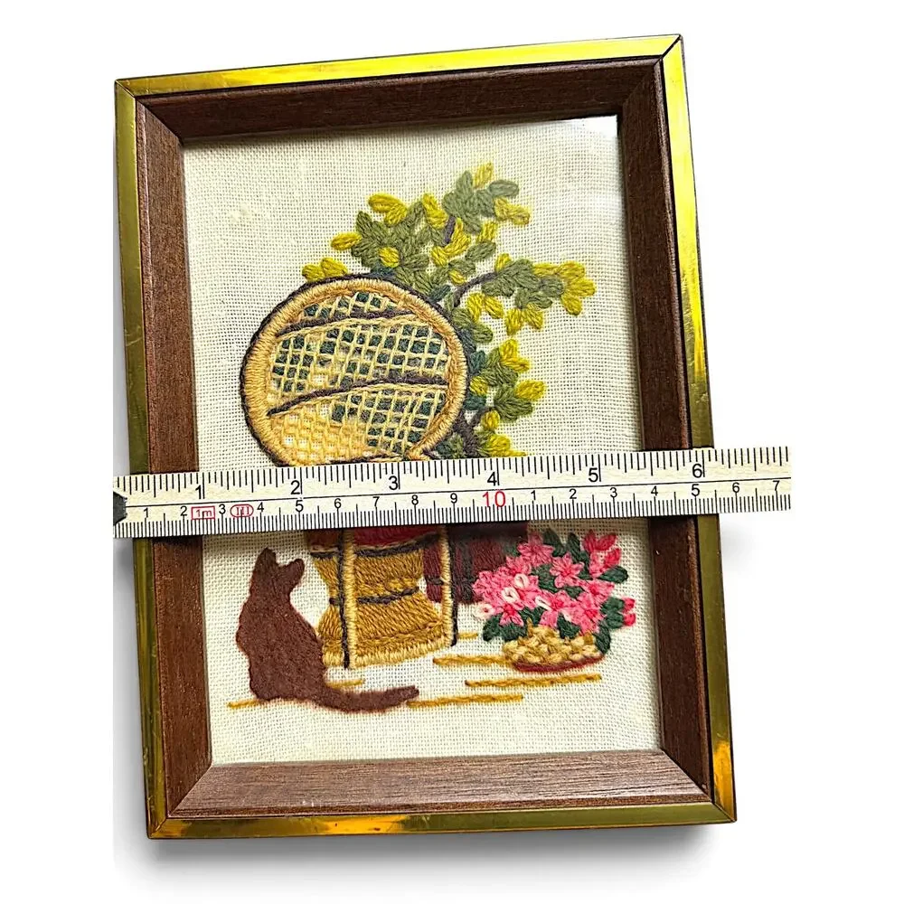 Vintage Hand-Embroidered Framed Needlework – Wicker Peacock Chair with Cat
